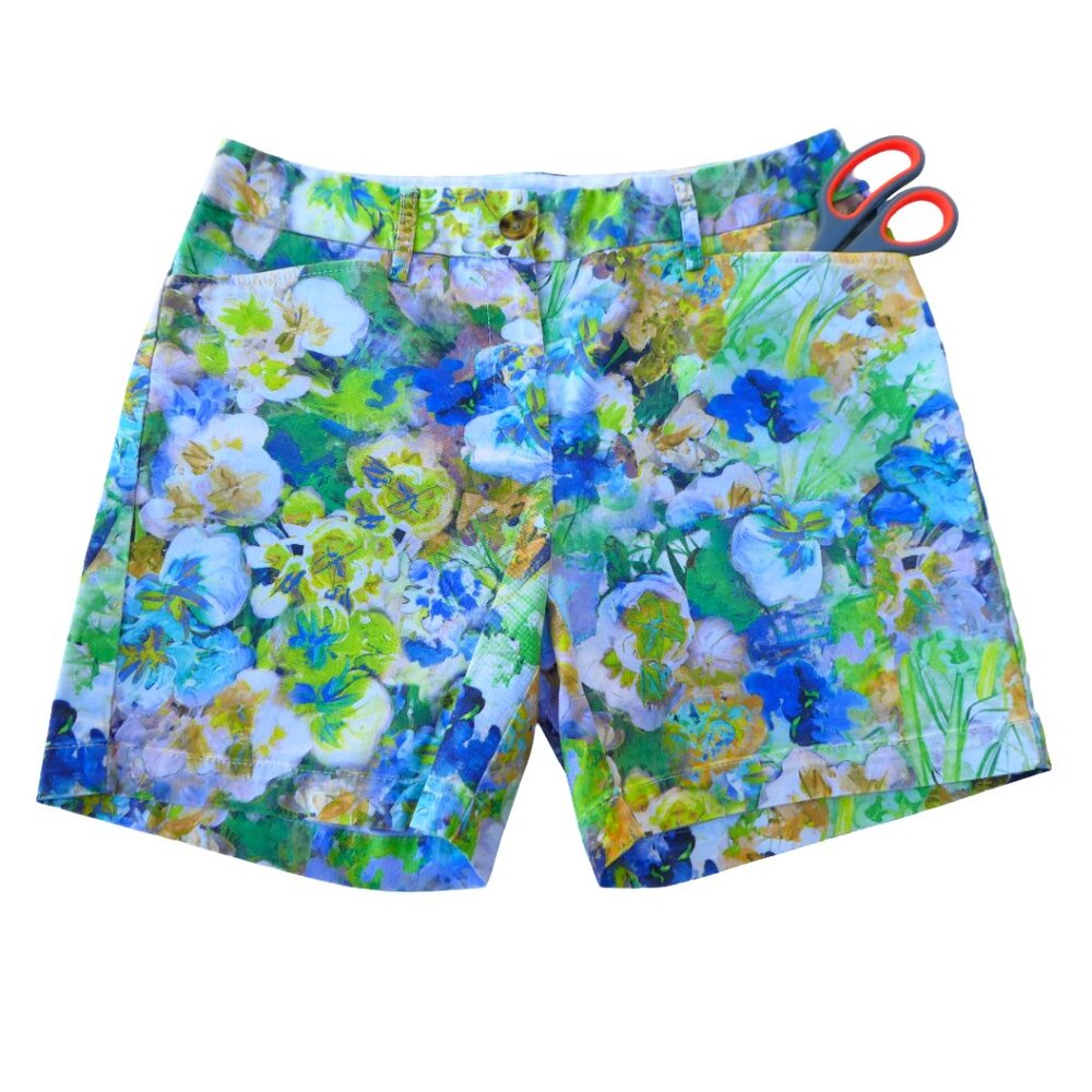 Lands End Monet Watercolor Floral Shorts Mid Rise Canvas Pockets Zip Button Fly
